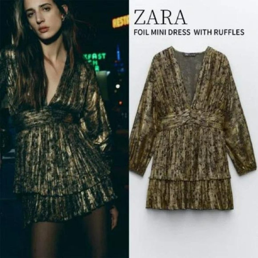 ZARA RUFFLED FOIL MINI DRESS